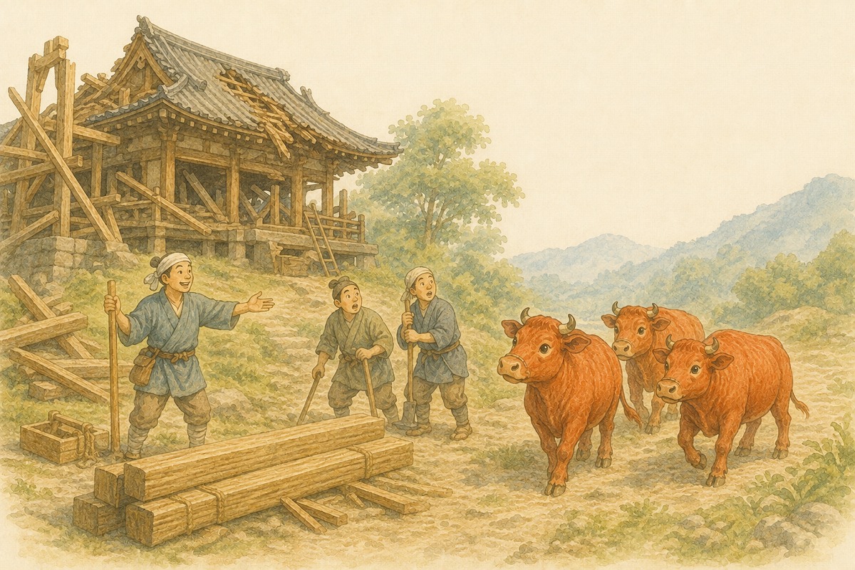 地震後の圓藏寺再建を助けるために現れた赤毛の牛たちのイラスト
