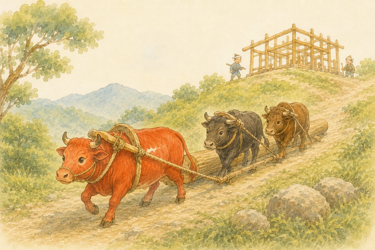 圓藏寺の建立に使う木材を運ぶ赤い牛と牛たちのイラスト