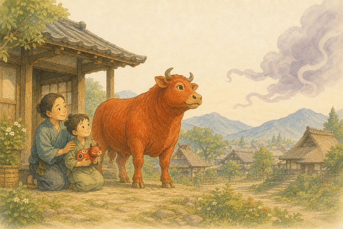 疫病を遠ざけ、赤べこを持つ子どもと家族を守る赤い牛のイラスト