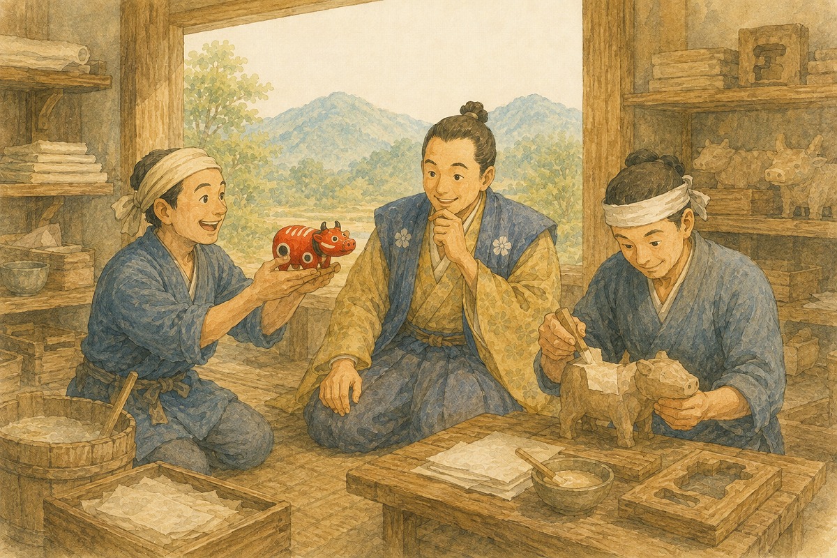 蒲生氏郷に完成した赤べこを見せる会津の職人たちのイラスト