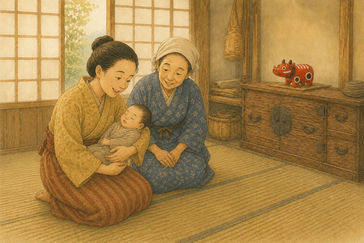 赤ちゃんの健やかな成長を願い、赤べこを飾る昔の会津の家族のイラスト