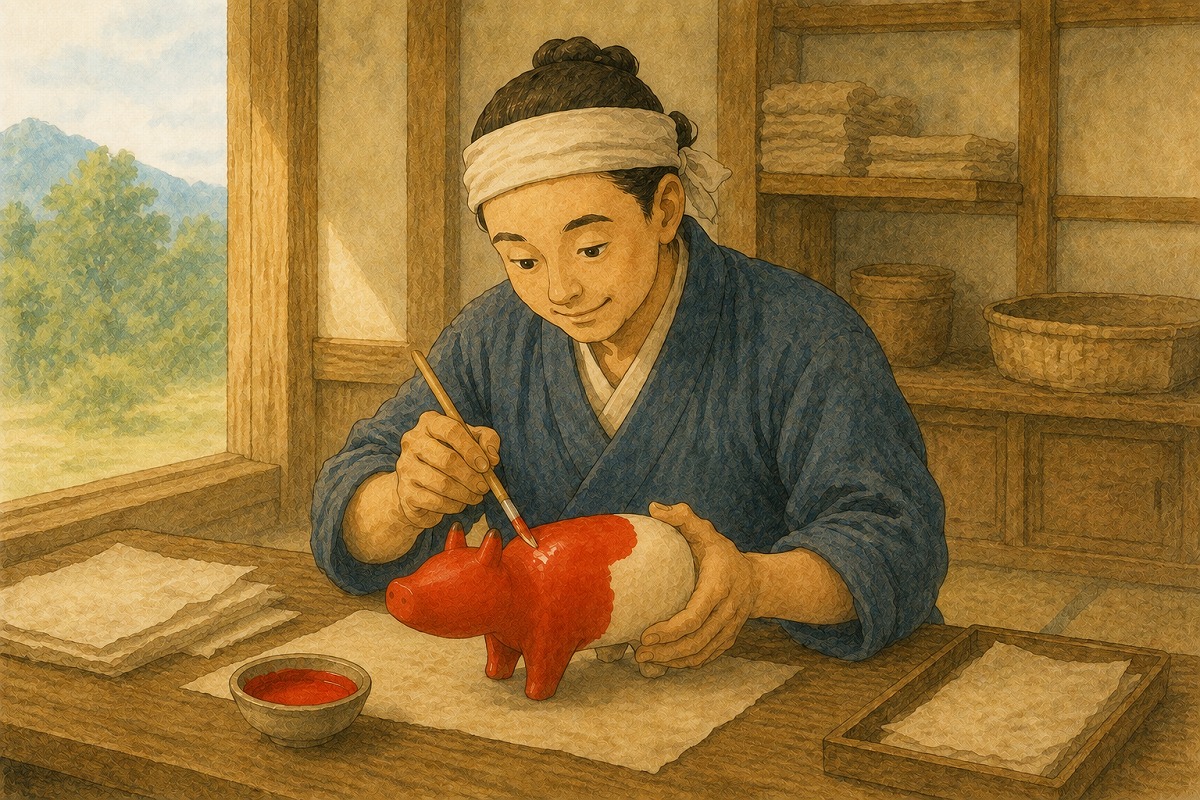 張り子の赤べこを筆で赤く塗る昔の会津の職人のイラスト