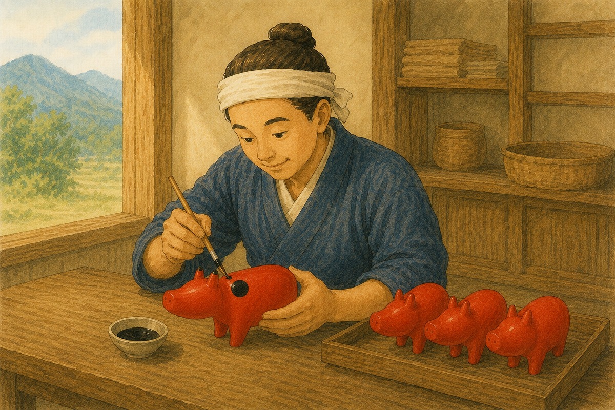 赤く塗られた赤べこを並べ、一体ずつ筆で黒い斑点を描く昔の会津の職人のイラスト