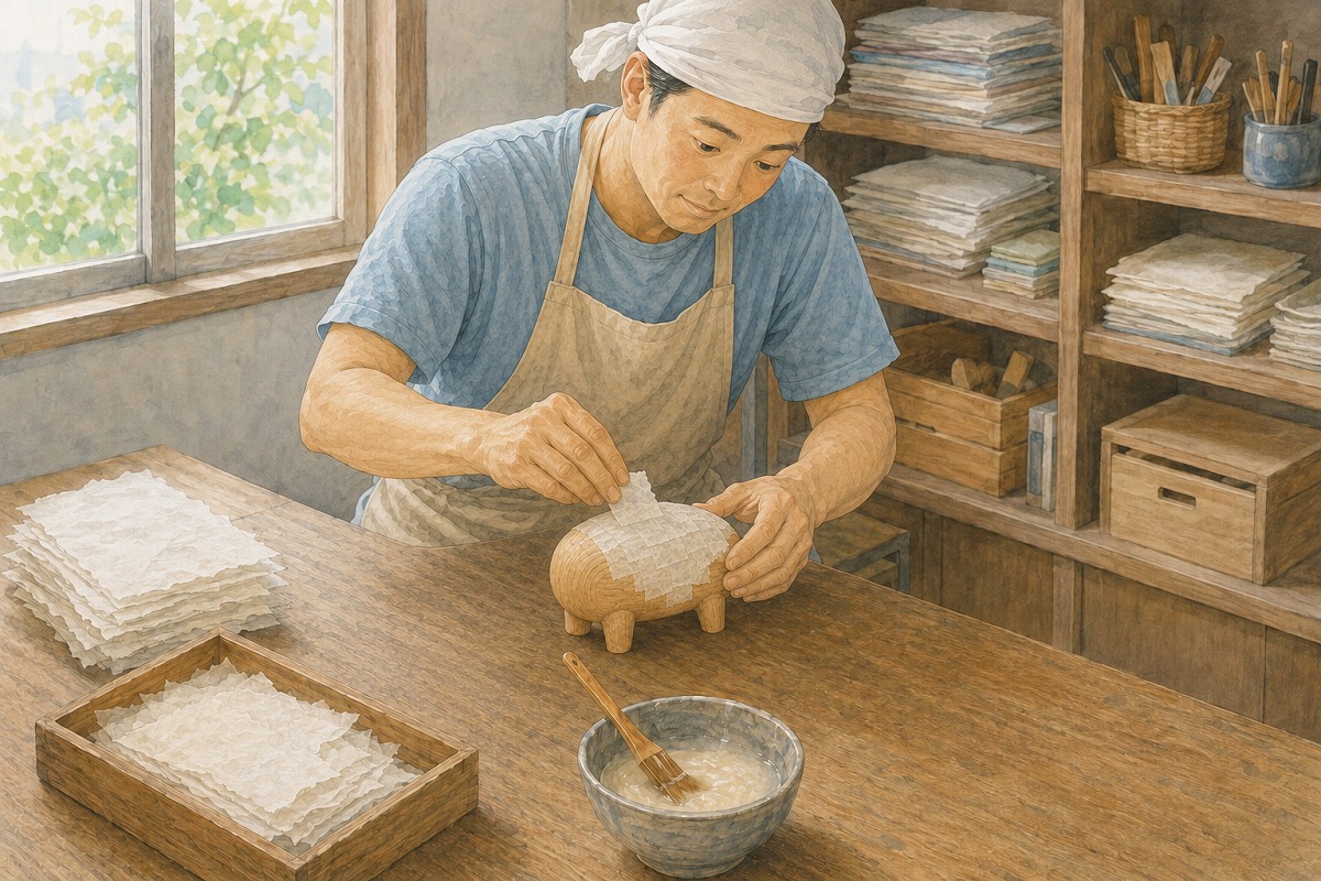 小さな工房で、職人が赤べこの胴体の木型に和紙を一枚ずつ貼っている様子
