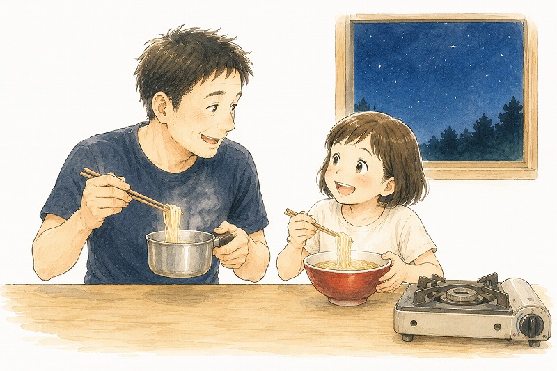 山の中の工房で、父は小さな片手鍋、娘は赤いどんぶりから、笑顔でラーメンを食べているイラスト。白壁の窓から夜空が見えている。