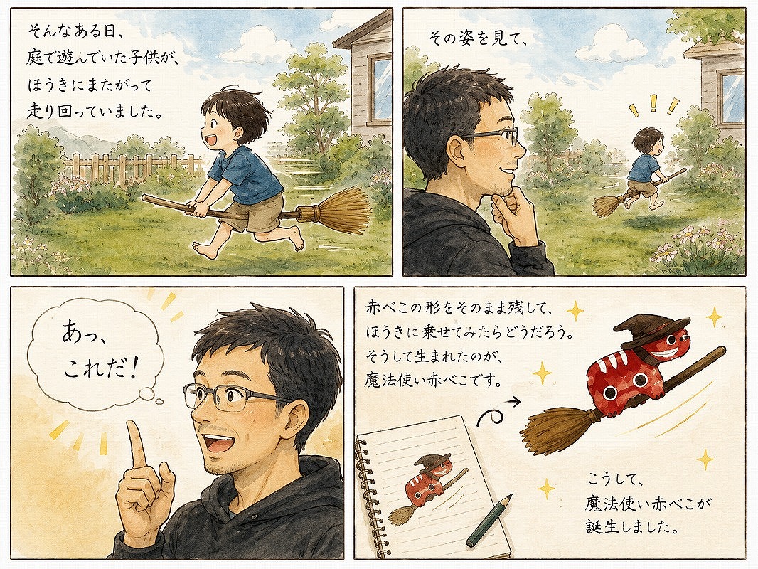 庭でほうきにまたがって遊ぶ子どもの姿を見た夫が、ほうきで空を飛ぶ魔法使いべこを思いつくまでを描いた4コマ漫画