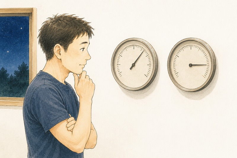 白壁に掛けられたアナログ式の温度計と湿度計を、紺色の半袖Tシャツを着た父が確認しているイラスト