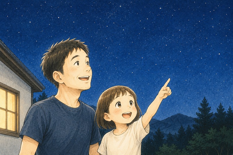 山の中の工房の前で、父と小学生の娘が満天の星空を見上げ、娘が星を指さしているイラスト。二人とも驚きとうれしさのある表情をしている。
