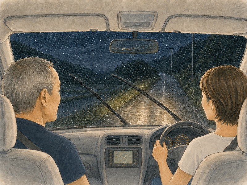 激しい雨が降る夜、ワイパーを動かし、ヘッドライトで山道を照らしながら、娘の運転で父と工房へ向かう車内のイラスト
