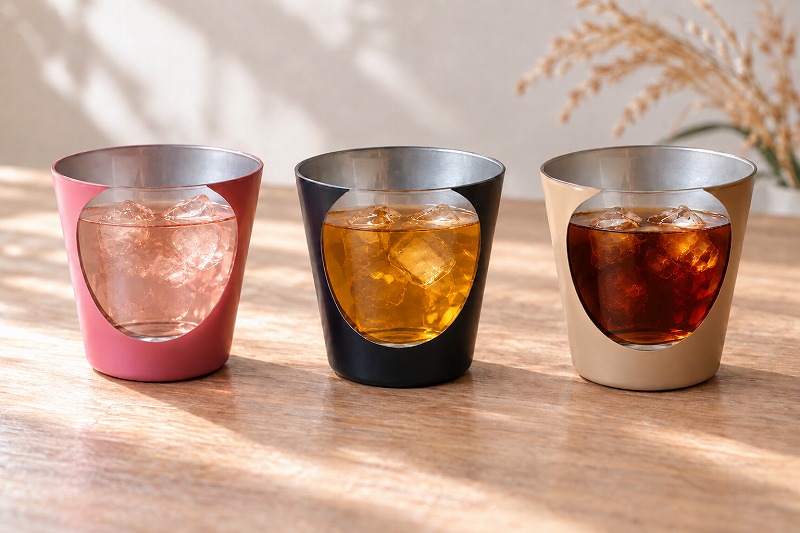 ピンク、ブラック、カフェオレカラーのお月見フリーグラスに、3種類の冷たい飲みものを入れた使用イメージ