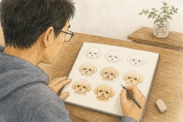 ガネをかけた夫が、ノートにわんちゃんの表情を何度も描き、オーダーメイドグラスの図案を考えているイラスト