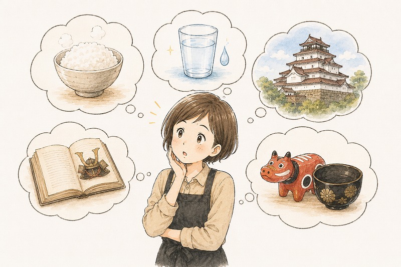 お米、水、鶴ヶ城、歴史、伝統工芸を思い浮かべながら、会津の好きなところを考える女性