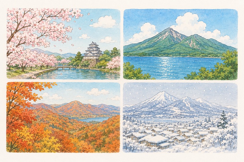 桜と鶴ヶ城、夏の磐梯山と猪苗代湖、秋の紅葉、冬の雪景色を描いた会津の四季