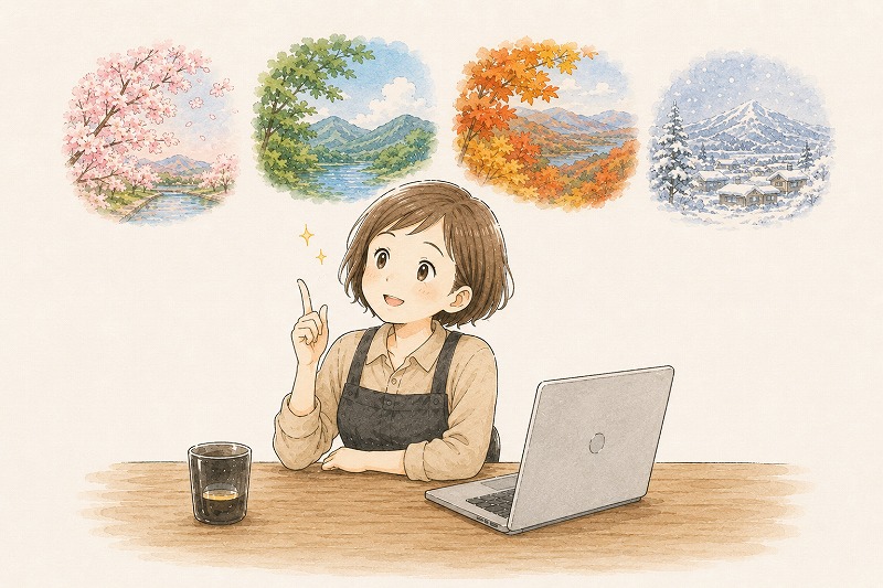 春の桜、夏の青空と湖、秋の紅葉、冬の雪景色を思い浮かべ、会津の四季が好きだと気づく女性