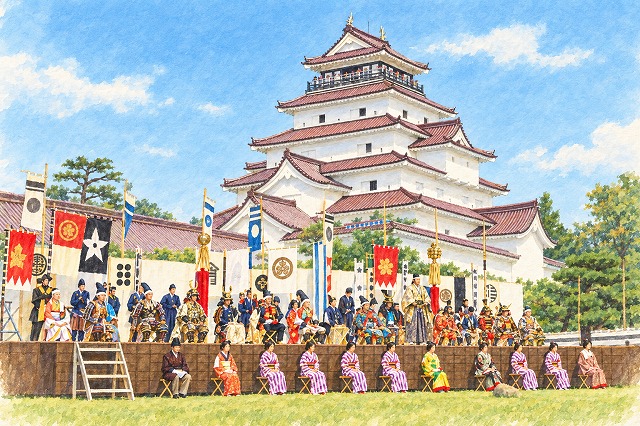 赤瓦の鶴ヶ城を背景に、甲冑や着物姿の会津藩公行列の参加者が、色とりどりの旗とともに並ぶ出陣式のイラスト。
