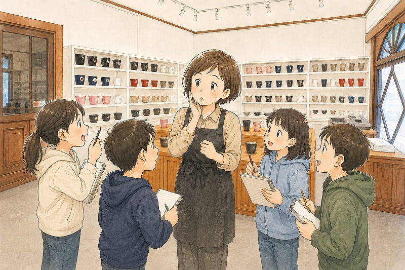 工房鈴蘭の店内で、ノートを持った4人の小学生から質問を受け、答えを考えている女性
