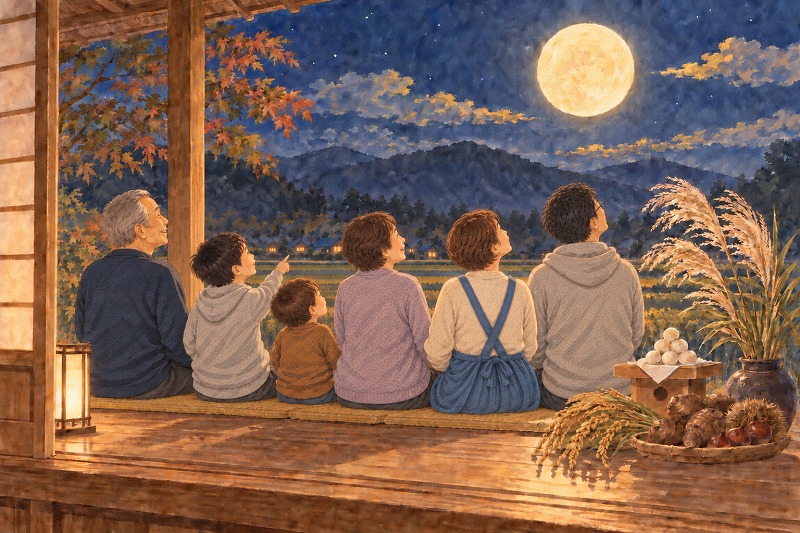 満月の夜、縁側で家族6人が秋の収穫物を供え、一緒にお月見をしているイラスト