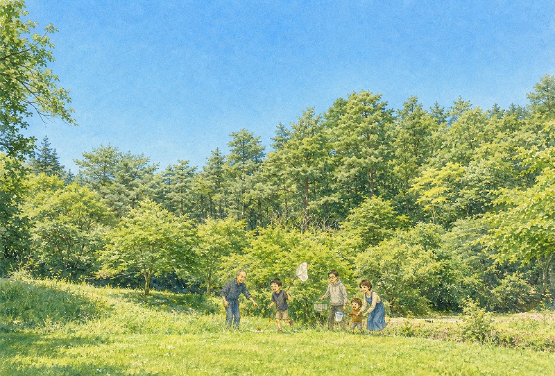 工房周辺の緑の中で、家族とじーじが虫捕りを楽しむ夏の風景