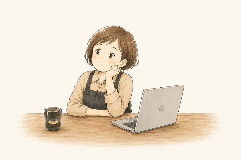 パソコンの置かれた机で、頬杖をつきながら会津の好きなところを考える女性