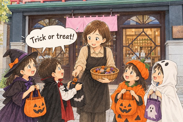 工房鈴蘭の玄関先で、「Trick or treat!」と声をかける仮装した子供たちに、少し戸惑った笑顔でお菓子を配る女性のイラスト。