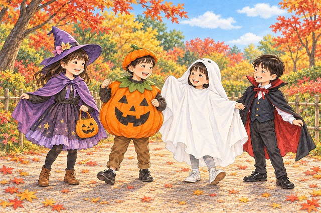 青空と紅葉を背景に、魔女、かぼちゃ、おばけ、吸血鬼に仮装した４人の子どもたちが笑い合う水彩風のイラスト。